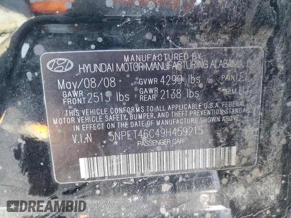 ✅ 2009 Hyundai Sonata GLS • VIN: 5NPET46C49H459215 • Лот: 88298325. Опубликован ранее на Copart с пробегом 102 097 миль. Бесплатный доступ к архиву аукционных продаж из США и подробный отчёт об истории автомобиля на DreamBid. Изображение 14.