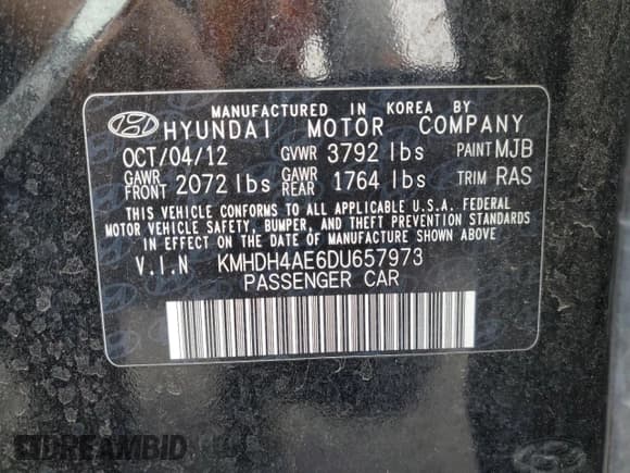 ✅ 2013 Hyundai Elantra Limited • VIN: KMHDH4AE6DU657973 • Lot: 65929675. Listed on Copart with 86,512 mi. Free auction sales archive from the USA and detailed vehicle history report at DreamBid. Image 12.