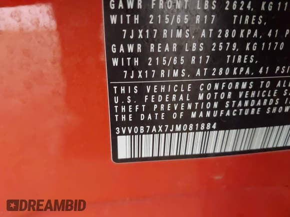 ✅ 2018 Volkswagen Tiguan S • VIN: 3VV0B7AX7JM081884 • Lot: 42613428. Listed on IAAI with 134,196 mi. Free auction sales archive from the USA and detailed vehicle history report at DreamBid. Image 9.