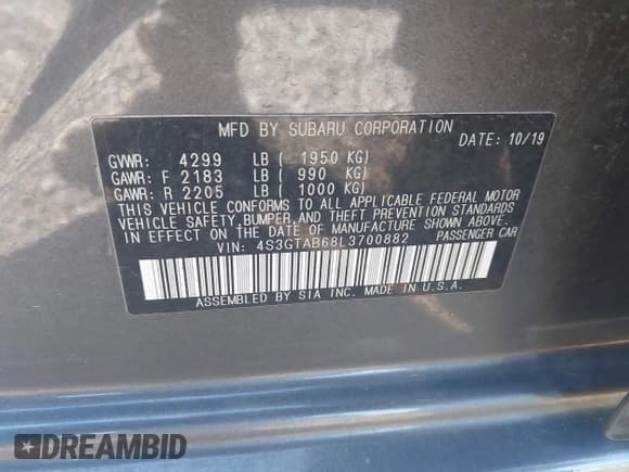 ✅ 2020 Subaru Impreza • VIN: 4S3GTAB68L3700882 • Lot: 43255654. Listed on IAAI with 68,395 mi. Free auction sales archive from the USA and detailed vehicle history report at DreamBid. Image 9.