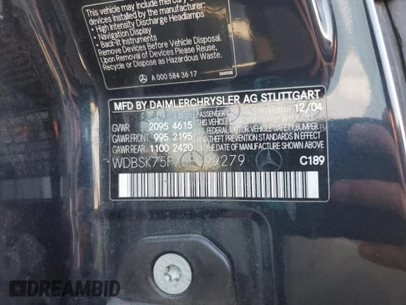 ✅ 2005 Mercedes-Benz SL 500 • VIN: WDBSK75F75F099279 • Lot: 85357035. Listed on Copart with Not provided. Free auction sales archive from the USA and detailed vehicle history report at DreamBid. Image 12.