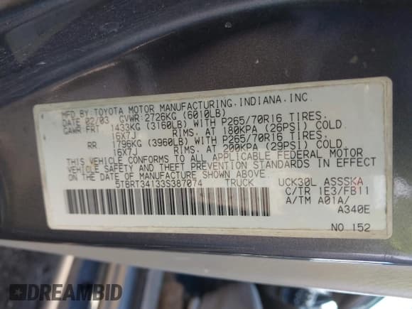 ✅ 2003 Toyota Tundra SR5 • VIN: 5TBRT34133S387074 • Lot: 43532465. Listed on IAAI with 215,079 mi. Free auction sales archive from the USA and detailed vehicle history report at DreamBid. Image 9.