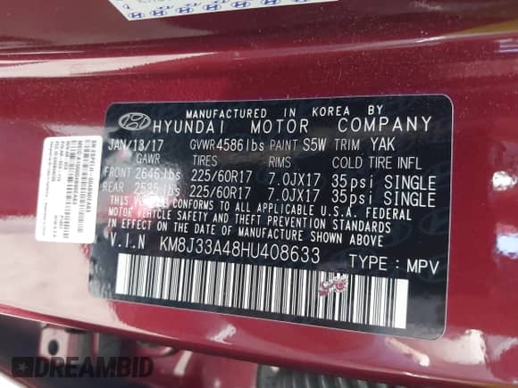 2017 Hyundai Tucson SE Plus z VIN KM8J33A48HU408633, wystawiony jako IAAI lot #42537299 z przebiegiem 39 968 mil mil oraz . Historia ofert i sprzedaży dostępna na DreamBid. Obrazek 9.