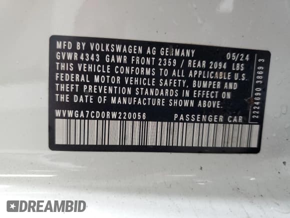 ✅ 2024 Volkswagen Golf GTI S • VIN: WVWGA7CD0RW220056 • Lot: 85669115. Listed on Copart with 29,740 mi. Free auction sales archive from the USA and detailed vehicle history report at DreamBid. Image 12.