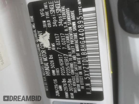 ✅ 2017 Hyundai Santa Fe 2.4L • VIN: 5XYZTDLB8HG440895 • Lot: 92274295. Wystawiony na Copart z przebiegiem 140 207 mil. Bezpłatny archiwum sprzedaży aukcyjnych z USA i szczegółowy raport historii pojazdu na DreamBid. Zdjęcie 12.