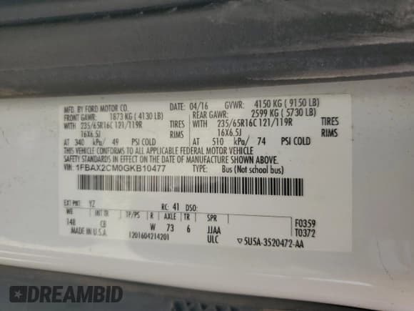 ✅ 2016 Ford Transit XL • VIN: 1FBAX2CM0GKB10477 • Lot: 60103815. Wystawiony na Copart z przebiegiem 62 948 mil. Bezpłatny archiwum sprzedaży aukcyjnych z USA i szczegółowy raport historii pojazdu na DreamBid. Zdjęcie 13.