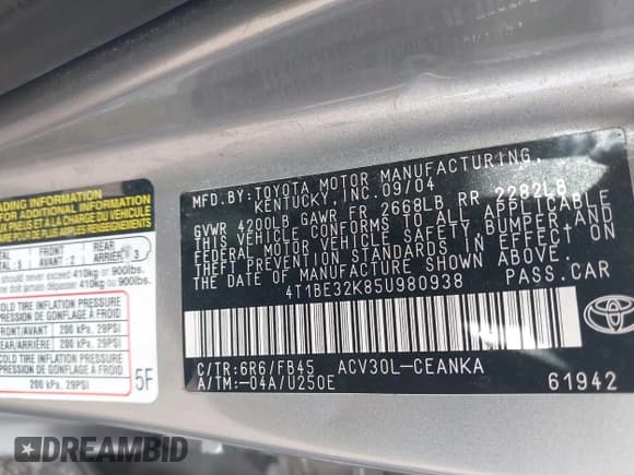 ✅ 2005 Toyota Camry LE • VIN: 4T1BE32K85U980938 • Lot: 43462882. Listed on IAAI with 278,780 mi. Free auction sales archive from the USA and detailed vehicle history report at DreamBid. Image 9.