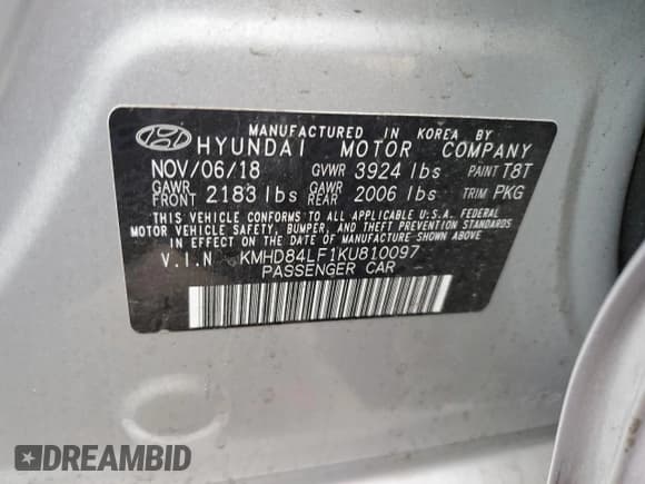 ✅ 2019 Hyundai Elantra SEL • VIN: KMHD84LF1KU810097 • Lot: 81709425. Listed on Copart with 979 mi. Free auction sales archive from the USA and detailed vehicle history report at DreamBid. Image 12.