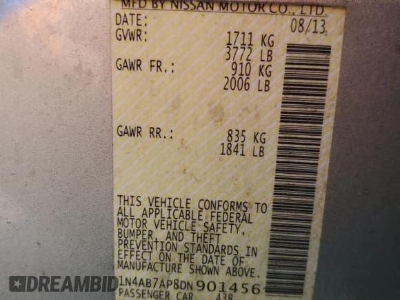 ✅ 2013 Nissan Sentra SV • VIN: 1N4AB7AP8DN901456 • Lot: 90349155. Listed on Copart with 180,400 mi. Free auction sales archive from the USA and detailed vehicle history report at DreamBid. Image 12.