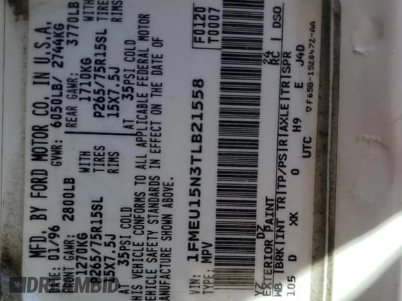 ✅ 1996 Ford Bronco XL • VIN: 1FMEU15N3TLB21558 • Lot: 45960715. Listed on Copart with 157,276 mi. Free auction sales archive from the USA and detailed vehicle history report at DreamBid. Image 13.