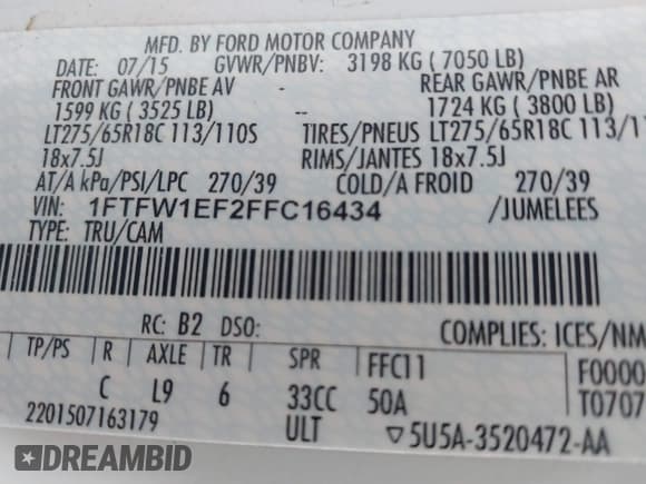 ✅ 2015 Ford F-150 XLT • VIN: 1FTFW1EF2FFC16434 • Lot: 42075794. Listed on IAAI with 204,268 mi. Free auction sales archive from the USA and detailed vehicle history report at DreamBid. Image 9.