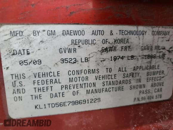 ✅ 2009 Chevrolet Aveo 1LT • VIN: KL1TD56E79B691229 • Lot: 43422305. Listed on Copart with 61,425 mi. Free auction sales archive from the USA and detailed vehicle history report at DreamBid. Image 12.