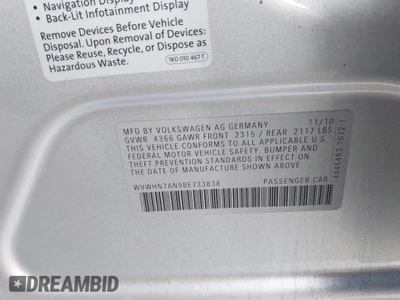 ✅ 2011 Volkswagen CC Lux • VIN: WVWHN7AN9BE733838 • Lot: 43831995. Listed on IAAI with 175,370 mi. Free auction sales archive from the USA and detailed vehicle history report at DreamBid. Image 9.