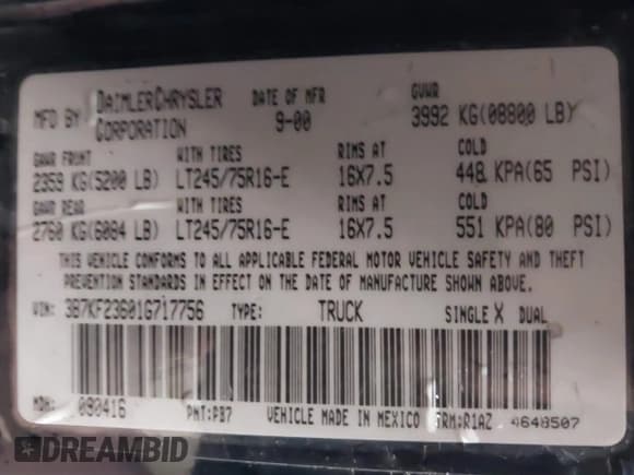 ✅ 2001 Dodge 2500 • VIN: 3B7KF23601G717756 • Lot: 42645829. Listed on IAAI with Not provided. Free auction sales archive from the USA and detailed vehicle history report at DreamBid. Image 9.