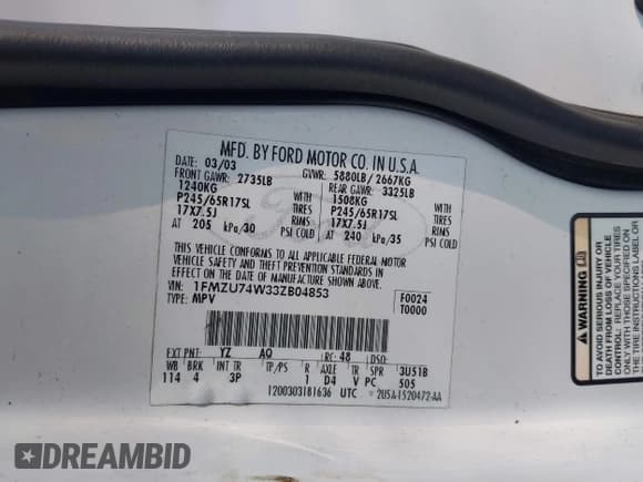 ✅ 2003 Ford Explorer Eddie Bauer • VIN: 1FMZU74W33ZB04853 • Lot: 42210642. Listed on IAAI with 172,842 mi. Free auction sales archive from the USA and detailed vehicle history report at DreamBid. Image 9.