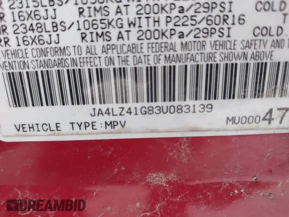 ✅ 2003 Mitsubishi Outlander XLS • VIN: JA4LZ41G83U083139 • Lot: 42818954. Listed on IAAI with 130,173 mi. Free auction sales archive from the USA and detailed vehicle history report at DreamBid. Image 9.