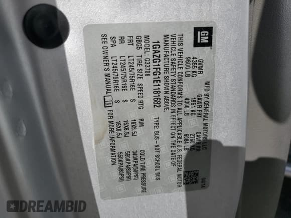 ✅ 2014 Chevrolet Express Passenger LT • VIN: 1GAZG1FG1E1181682 • Лот: 84753395. Опубликован ранее на Copart с пробегом 155 857 миль. Бесплатный доступ к архиву аукционных продаж из США и подробный отчёт об истории автомобиля на DreamBid. Изображение 14.