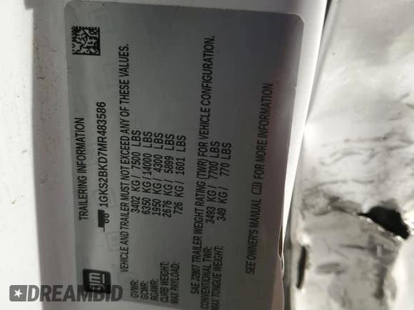 ✅ 2021 GMC Yukon SLT • VIN: 1GKS2BKD7MR483586 • Lot: 89856515. Listed on Copart with 131,294 mi. Free auction sales archive from the USA and detailed vehicle history report at DreamBid. Image 14.