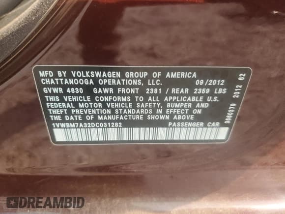✅ 2013 Volkswagen Passat SE • VIN: 1VWBM7A32DC031282 • Lot: 64219315. Listed on Copart with 164,117 mi. Free auction sales archive from the USA and detailed vehicle history report at DreamBid. Image 13.