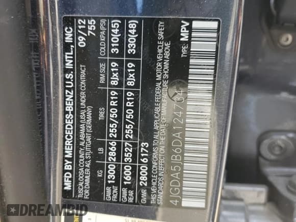 ✅ 2013 Mercedes-Benz M 350 • VIN: 4JGDA5JB6DA124734 • Lot: 70541765. Listed on Copart with 173,570 mi. Free auction sales archive from the USA and detailed vehicle history report at DreamBid. Image 13.