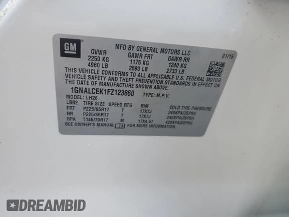 ✅ 2015 Chevrolet Equinox LT • VIN: 1GNALCEK1FZ123860 • Лот: 89690415. Опубликован ранее на Copart с пробегом 78 923 миль. Бесплатный доступ к архиву аукционных продаж из США и подробный отчёт об истории автомобиля на DreamBid. Изображение 13.