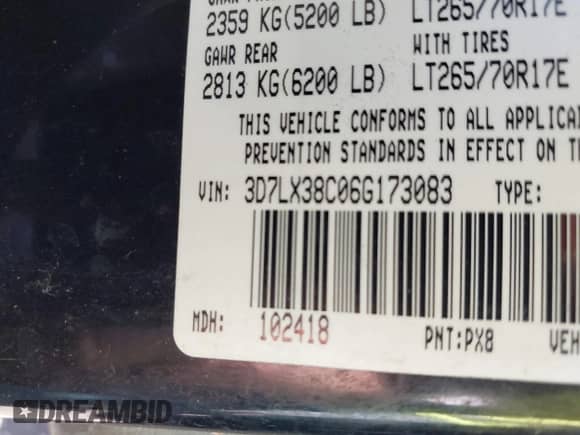 2006 Dodge 3500 SLT z VIN 3D7LX38C06G173083, wystawiony jako IAAI lot #40812972 z przebiegiem Nie podano mil oraz . Historia ofert i sprzedaży dostępna na DreamBid. Obrazek 9.