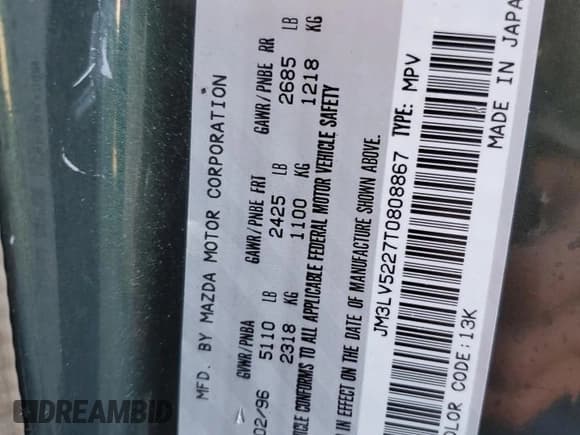 ✅ 1996 Mazda MPV • VIN: JM3LV5227T0808867 • Лот: 80058784. Опубликован ранее на Copart с пробегом 70 670 миль. Бесплатный доступ к архиву аукционных продаж из США и подробный отчёт об истории автомобиля на DreamBid. Изображение 13.