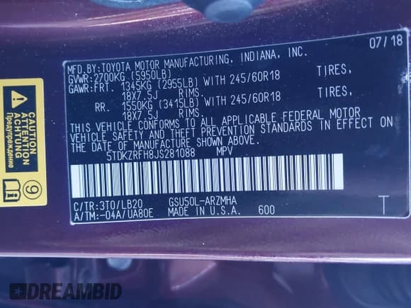 ✅ 2018 Toyota Highlander XLE • VIN: 5TDKZRFH8JS281088 • Lot: 43664713. Listed on IAAI with 120,950 mi. Free auction sales archive from the USA and detailed vehicle history report at DreamBid. Image 9.