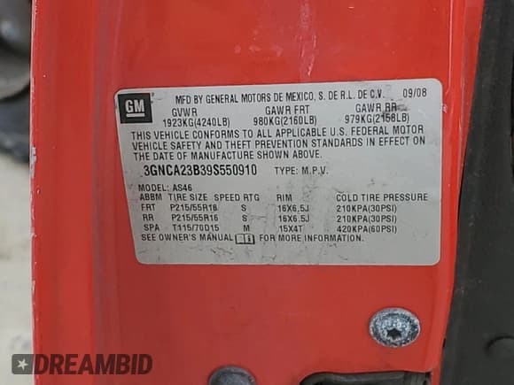 ✅ 2009 Chevrolet HHR 1LT • VIN: 3GNCA23B39S550910 • Lot: 71669214. Listed on Copart with 377,550 mi. Free auction sales archive from the USA and detailed vehicle history report at DreamBid. Image 13.