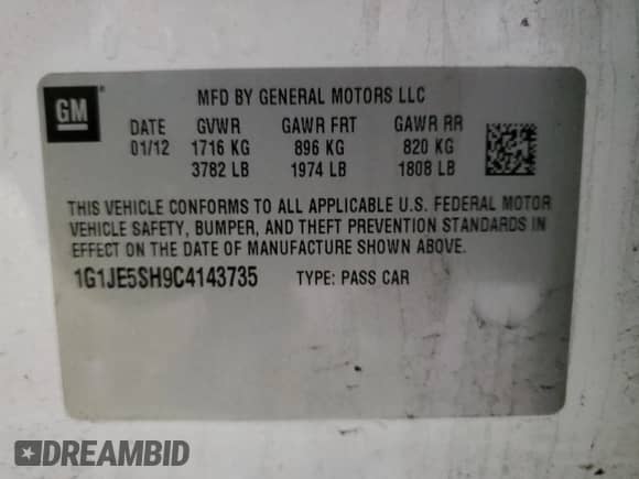 2012 Chevrolet Sonic LTZ with VIN 1G1JE5SH9C4143735, listed as a Copart auction lot 47083355 with 109,585 mi miles and Salvage title. Bid and sale history available at DreamBid. Image 12.