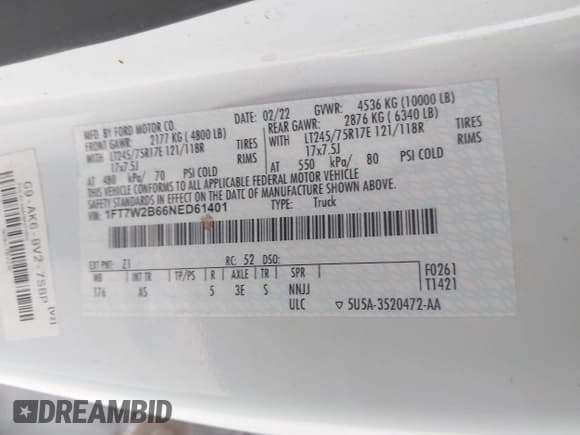 ✅ 2022 Ford F-250 XL • VIN: 1FT7W2B66NED61401 • Lot: 43822768. Listed on IAAI with 44,389 mi. Free auction sales archive from the USA and detailed vehicle history report at DreamBid. Image 9.