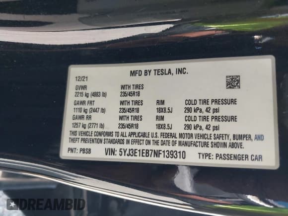 ✅ 2022 Tesla Model 3 Long Range • VIN: 5YJ3E1EB7NF139310 • Лот: 43069608. Опубликован ранее на IAAI с пробегом 73 392 миль. Бесплатный доступ к архиву аукционных продаж из США и подробный отчёт об истории автомобиля на DreamBid. Изображение 9.