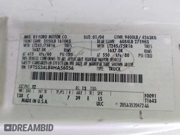 ✅ 2004 Ford Econoline Cargo • VIN: 1FTSS34L84HA56056 • Lot: 41235862. Listed on IAAI with 215,095 mi. Free auction sales archive from the USA and detailed vehicle history report at DreamBid. Image 9.