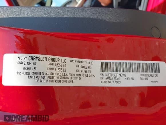 ✅ 2013 FIAT 500 Lounge • VIN: 3C3CFFCR3DT743189 • Lot: 42871622. Listed on IAAI with 122,850 mi. Free auction sales archive from the USA and detailed vehicle history report at DreamBid. Image 9.