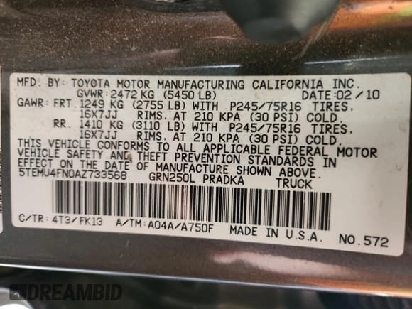 ✅ 2010 Toyota Tacoma • VIN: 5TEMU4FN0AZ733568 • Lot: 80631655. Listed on Copart with 309,958 mi. Free auction sales archive from the USA and detailed vehicle history report at DreamBid. Image 13.