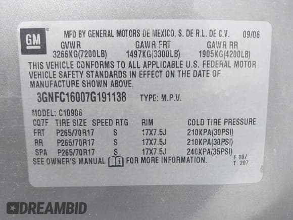 ✅ 2007 Chevrolet Suburban LT • VIN: 3GNFC16007G191138 • Lot: 41425886. Listed on IAAI with 150,250 mi. Free auction sales archive from the USA and detailed vehicle history report at DreamBid. Image 9.