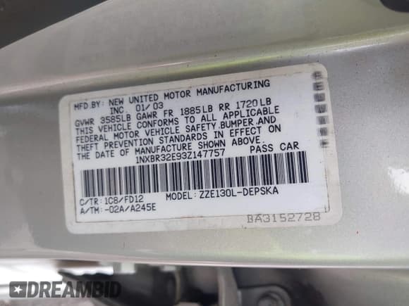 ✅ 2003 Toyota Corolla S • VIN: 1NXBR32E93Z147757 • Lot: 43195471. Listed on IAAI with 144,017 mi. Free auction sales archive from the USA and detailed vehicle history report at DreamBid. Image 9.