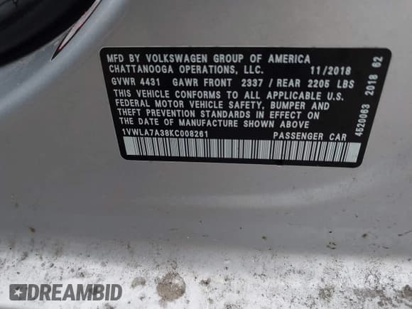 ✅ 2019 Volkswagen Passat Wolfsburg Edition • VIN: 1VWLA7A38KC008261 • Lot: 42805758. Wystawiony na IAAI z przebiegiem 114 312 mil. Bezpłatny archiwum sprzedaży aukcyjnych z USA i szczegółowy raport historii pojazdu na DreamBid. Zdjęcie 9.