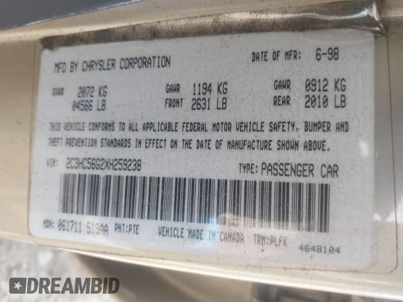 ✅ 1999 Chrysler LHS • VIN: 2C3HC56G2XH259238 • Lot: 40889553. Listed on IAAI with 194,709 mi. Free auction sales archive from the USA and detailed vehicle history report at DreamBid. Image 9.