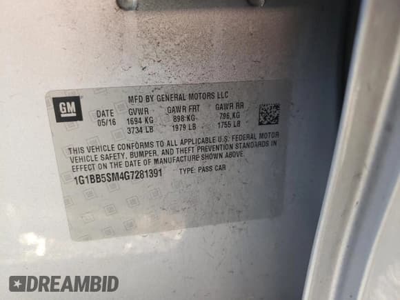 ✅ 2016 Chevrolet Cruze LS • VIN: 1G1BB5SM4G7281391 • Lot: 73090172. Listed on Copart with 75,618 mi. Free auction sales archive from the USA and detailed vehicle history report at DreamBid. Image 12.