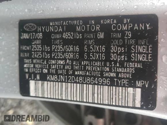 2008 Hyundai Tucson SE z VIN KM8JN12D48U864996, wystawiony jako Copart lot #82535284 z przebiegiem 137 391 mil mil oraz Szkoda całkowita • Salvage title. Historia ofert i sprzedaży dostępna na DreamBid. Obrazek 14.