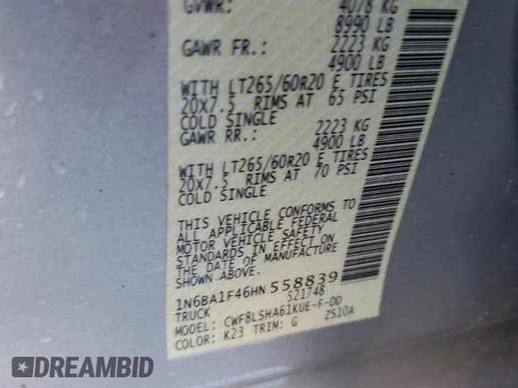 ✅ 2017 Nissan Titan SV • VIN: 1N6BA1F46HN558839 • Lot: 91077335. Listed on Copart with 150,336 mi. Free auction sales archive from the USA and detailed vehicle history report at DreamBid. Image 12.