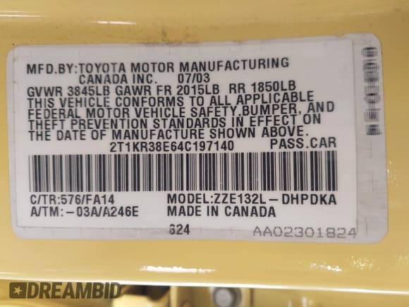 ✅ 2004 Toyota Matrix Std • VIN: 2T1KR38E64C197140 • Lot: 43522000. Wystawiony na IAAI z przebiegiem 134 890 mil. Bezpłatny archiwum sprzedaży aukcyjnych z USA i szczegółowy raport historii pojazdu na DreamBid. Zdjęcie 9.