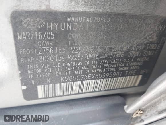 2005 Hyundai Santa Fe GLS z VIN KM8SC73EX5U995981, wystawiony jako IAAI lot #42472107 z przebiegiem 140 419 mil mil oraz . Historia ofert i sprzedaży dostępna na DreamBid. Obrazek 9.