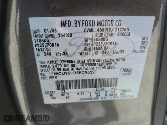 ✅ 2005 Ford Escape Hybrid • VIN: 1FMCU95H35KC95221 • Lot: 67789924. Wystawiony na Copart z przebiegiem 169 260 mil. Bezpłatny archiwum sprzedaży aukcyjnych z USA i szczegółowy raport historii pojazdu na DreamBid. Zdjęcie 12.