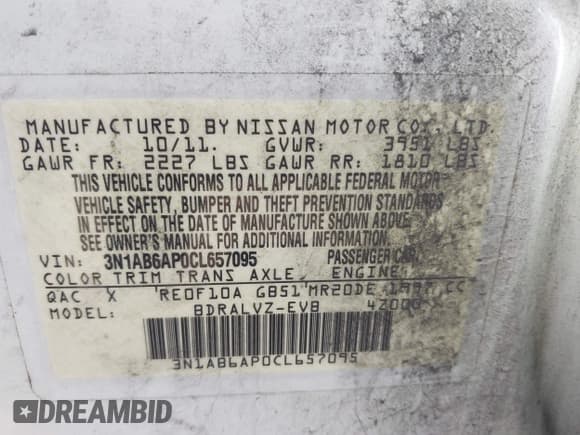 ✅ 2012 Nissan Sentra SR • VIN: 3N1AB6AP0CL657095 • Lot: 43735193. Listed on IAAI with 115,837 mi. Free auction sales archive from the USA and detailed vehicle history report at DreamBid. Image 9.