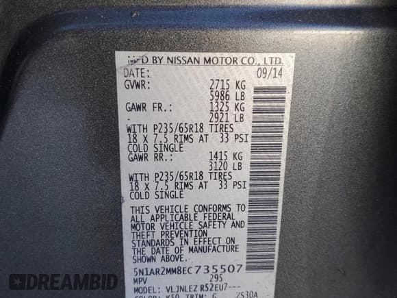 ✅ 2014 Nissan Pathfinder Platinum • VIN: 5N1AR2MM8EC735507 • Lot: 82223485. Listed on Copart with 138,659 mi. Free auction sales archive from the USA and detailed vehicle history report at DreamBid. Image 13.