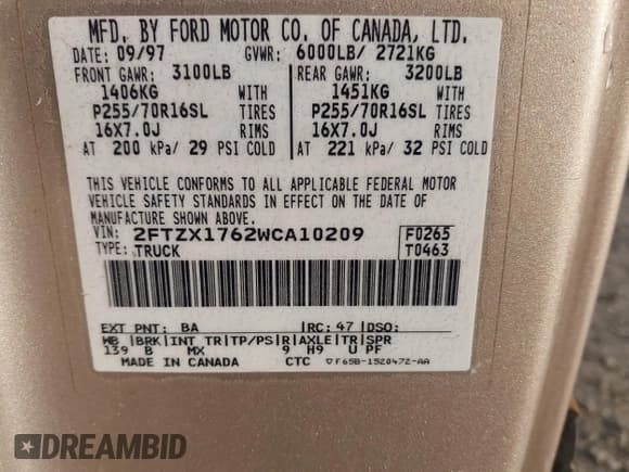 ✅ 1998 Ford F-150 • VIN: 2FTZX1762WCA10209 • Lot: 43598250. Listed on IAAI with 209,007 mi. Free auction sales archive from the USA and detailed vehicle history report at DreamBid. Image 9.