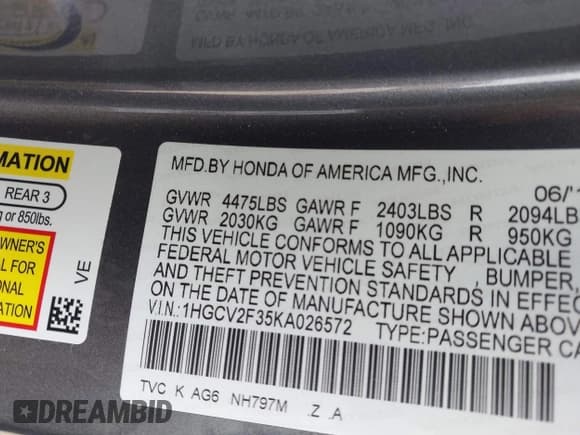 ✅ 2019 Honda Accord Sport • VIN: 1HGCV2F35KA026572 • Lot: 43026593. Wystawiony na IAAI z przebiegiem 62 713 mil. Bezpłatny archiwum sprzedaży aukcyjnych z USA i szczegółowy raport historii pojazdu na DreamBid. Zdjęcie 9.