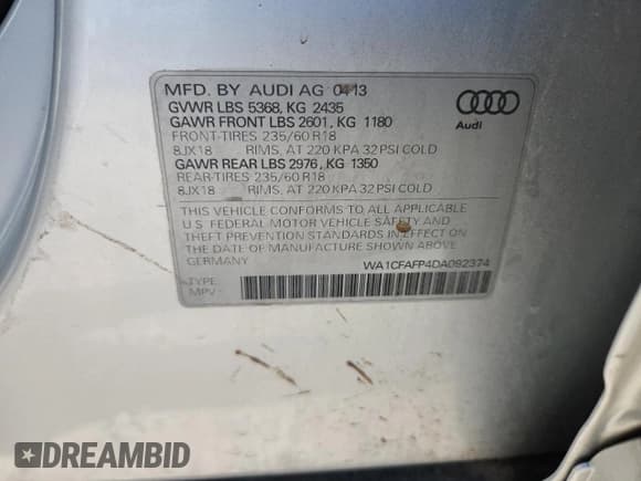✅ 2013 Audi Q5 Premium • VIN: WA1CFAFP4DA092374 • Lot: 89550355. Listed on Copart with 105,447 mi. Free auction sales archive from the USA and detailed vehicle history report at DreamBid. Image 12.